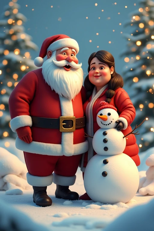 Santa Claus with his chubby wife,black hair, candy cane snowman