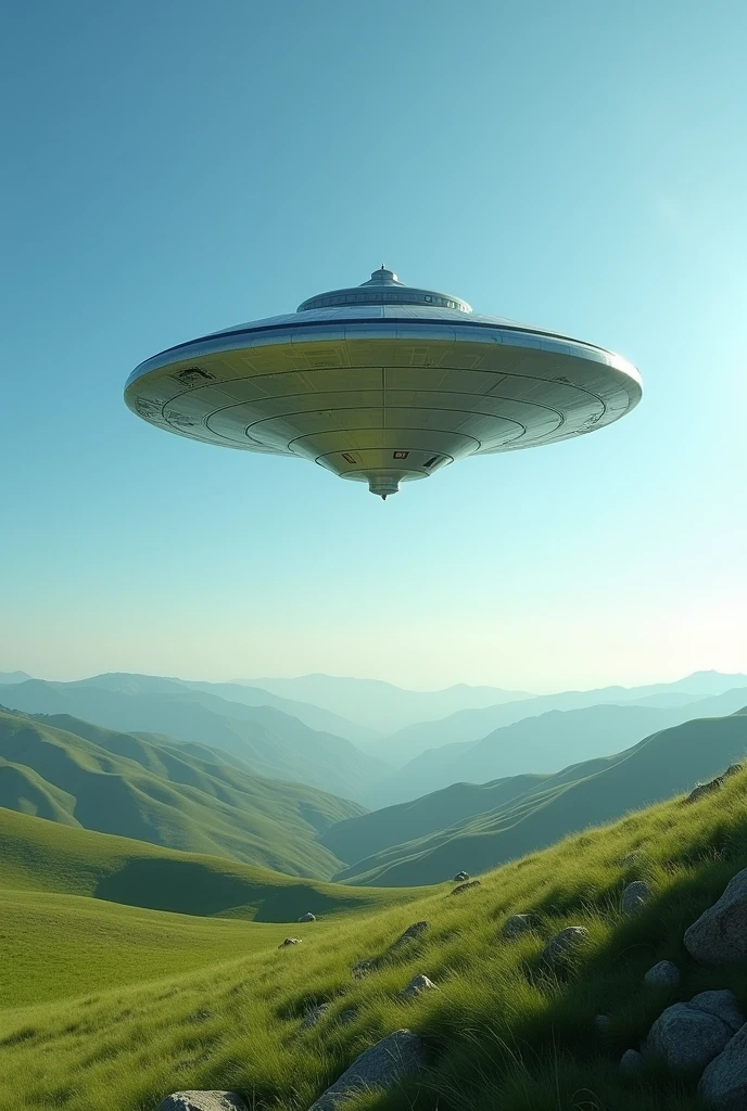 A flying saucer, unidentified flying object, ((U.F.O)), above the hills, clear skies, 