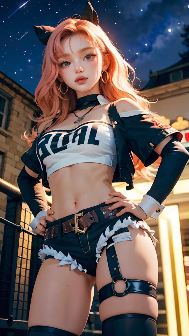 masterpiece, best quality, ultra-detailed, extremely detailed,illustration, 1girl, nicole demara, hair ribbon, hairclip, earrings, black collar, tube top, single thighhigh, short shorts, cropped jacket, belt, thigh strap, detached sleeves, doll, standing, hand on hip, cowboy shot, night street, moon 