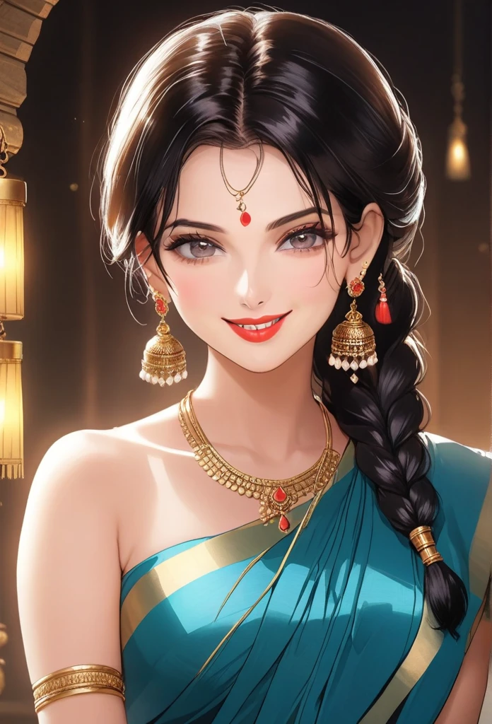 ((1woman, mature,single hair braid,saree, big long jhumka earrings , detailed alluring eyes, smooth detailed lips, beautiful face, smiling ,red lipstick ,navel,bangles,blue ribbon,