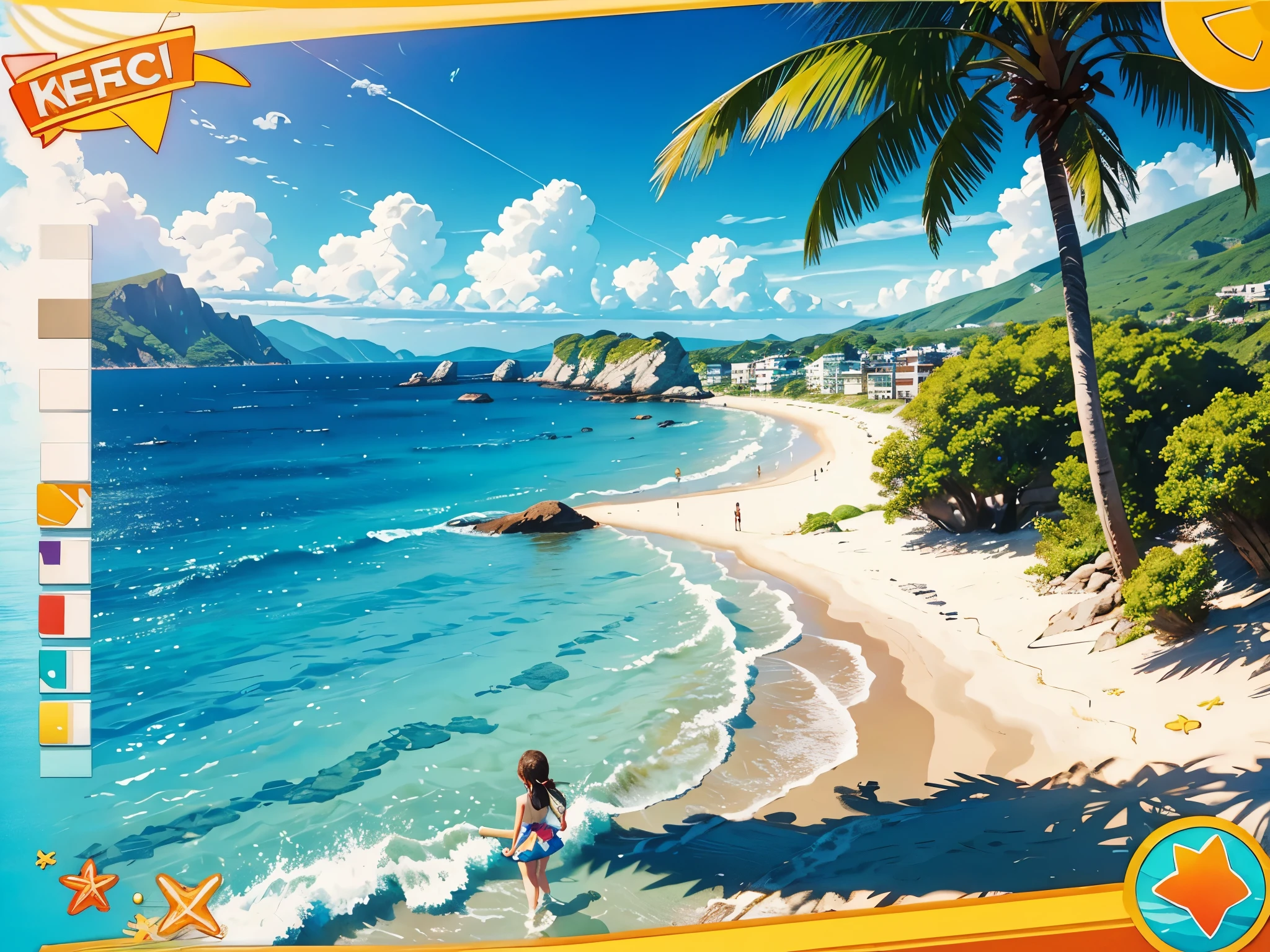 draw a summer game landscape, beach, beautiful sun, sea, one cute girl character