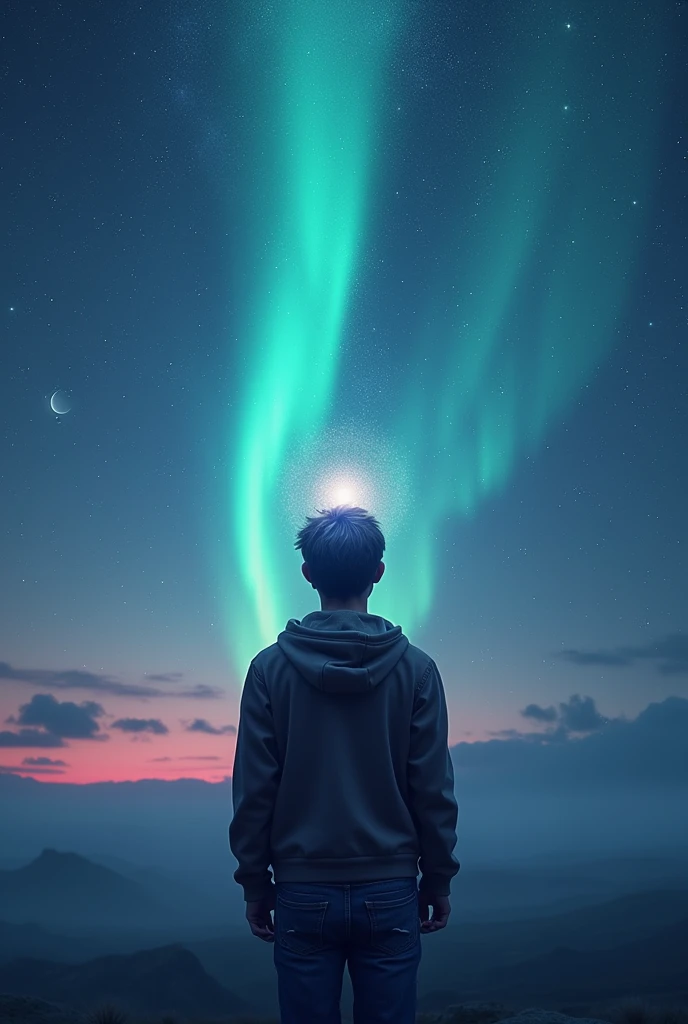 A person, from back view,reflection of cosmos inside the body,surrounded by the universe, twilight, sparks, stars, moon,aurora borealis effect, 4k visual effect, inquiring, about himself, grace , silent, interrogation point, on his head, visual effect 3d
