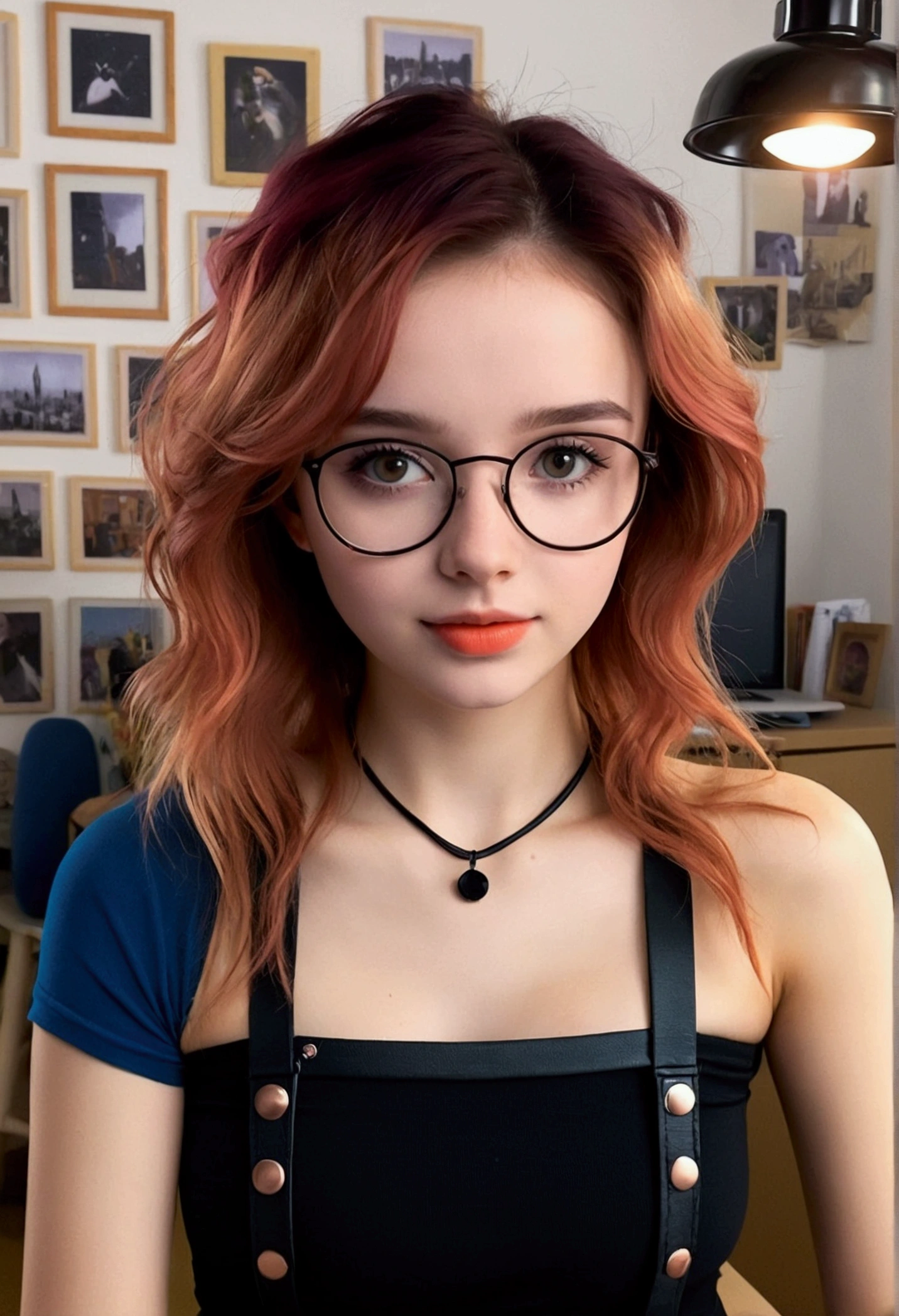 a girl with red-dyed hair, glasses, light brown eyes, white, At the age of 19.
she is in her room lying on her bed.
Her clothing is a see-through blouse and black panties.
