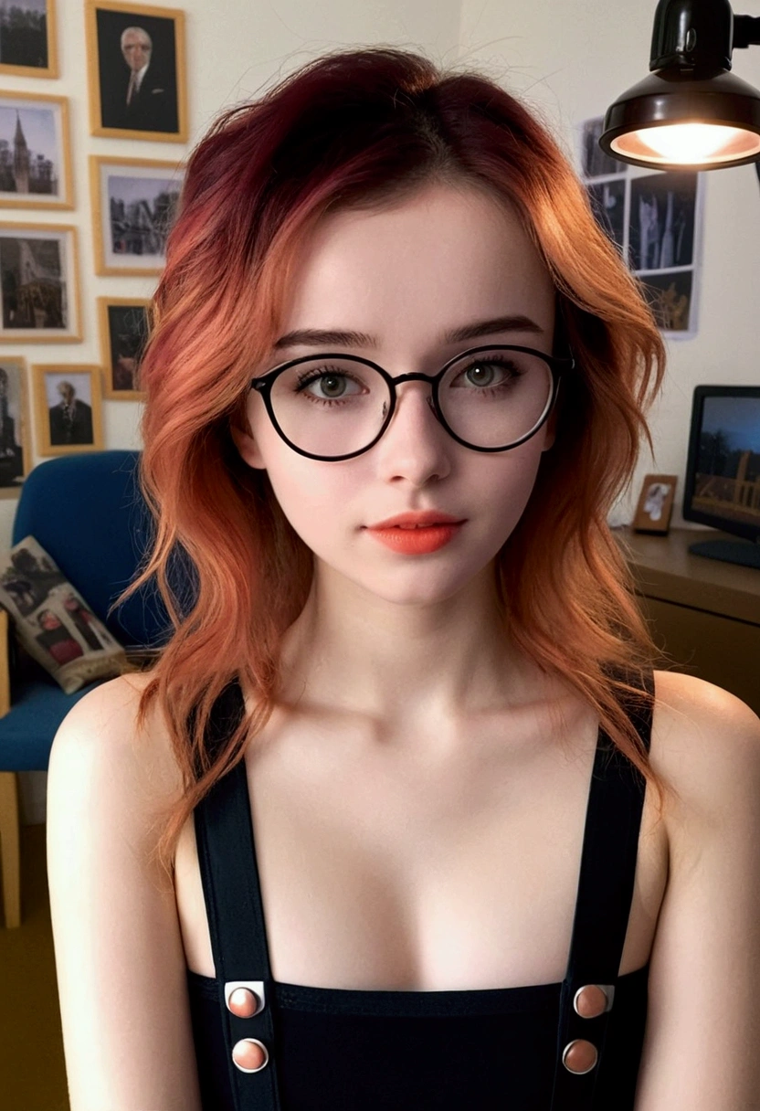 Lingerie, (masterpiece:1.2, best quality:1.2, beautiful, high quality, highres:1.1, aesthetic), detailed, extremely detailed, ambient soft lighting, 4K, perfect eyes, perfect face, Female ,Embarassed, shy, Round glasses, Orange eyes, Huge breasts, Short orange hair, Detiled eyes, very detiled face,
