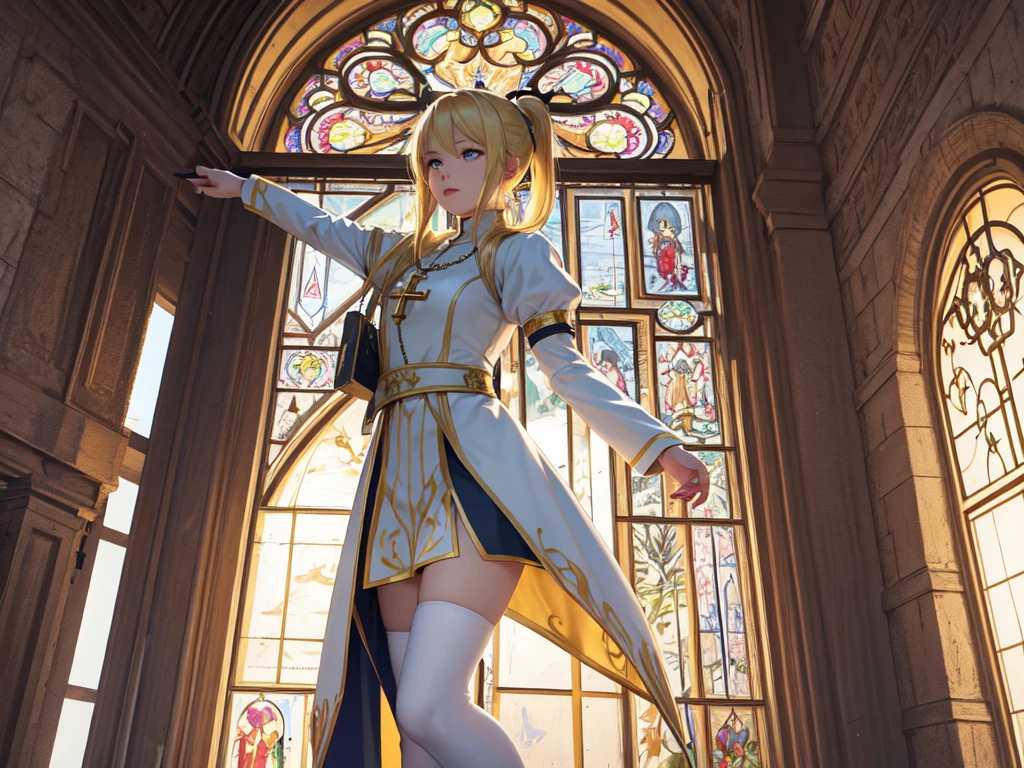 (Ultra extreme detailed),(Masterpiece),(Ultra extreme),(Realistic),CG,(color:1.2), Strong lighting,Light from behind,evaluation:Safety,A blonde person alone, 黒color,Blonde ponytail,Green Eyes,White shrite,short_Sister Costume、、Cross pendant、Tights Knee Socks、Vestments、church、Monastic uniform、Praying posture
