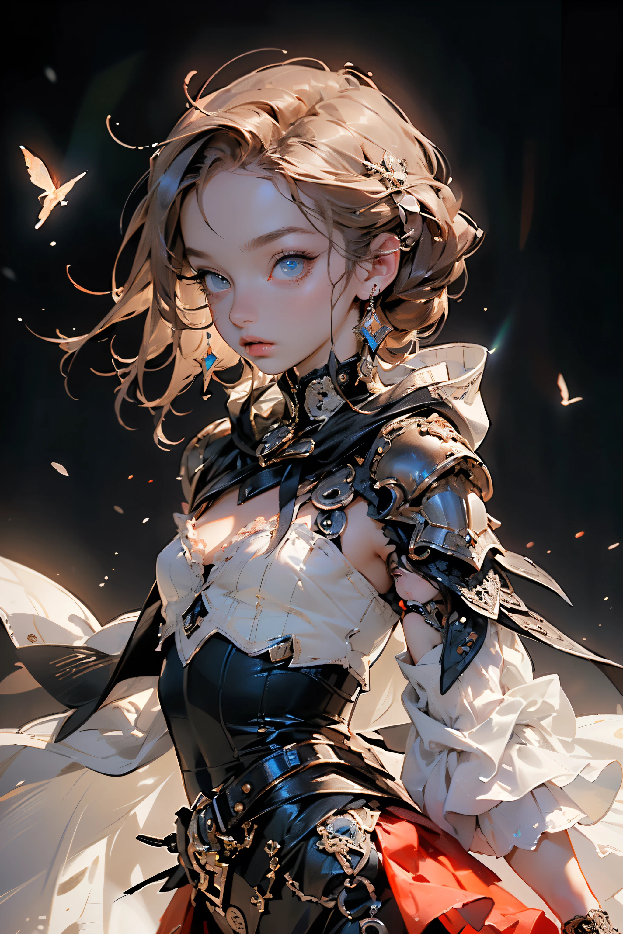(((masterpiece, Highest quality, Very detailed))), (Mysterious Order's Knight), ((((A floating sword，With digital glitch-like effects on the blade，As if it's rapidly flickering into and out of reality, With a very slight distortion effect around it，Similar to a gravitational lens, Next to her)))), Edwardian/Victorian Era Inspiration, ((Simple yet Refined Armor)), Flowing Lace Trumpet Skirt Paired with Ruffled Petticoat, ((((The face is rich in detail))), (((Very sharp eyes))), Very long eyelashes, Small Breasts, (((flat chest:1.1))), Mystical aesthetics, (Red and white clothes，Exquisitely Detailed Steampunk and Gothic Style), (With hood), Complex lace-up boots
