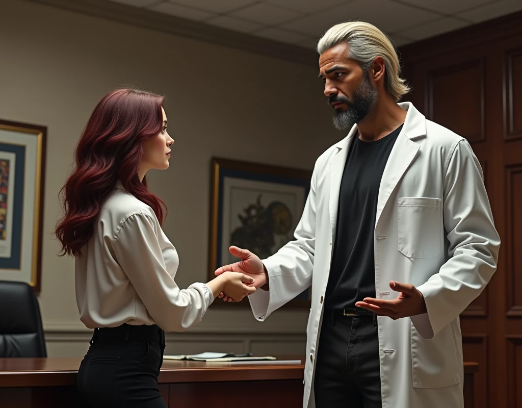Very tall attractive man, short platinum blond wavy swept-back hair, dark skin, long black stubble, Arabic-Egyptian features, white lab coat over a black t-shirt, black cargo pants and black boots, standing behind office desk gesturing to take a seat to a shoulder height young woman vibrant maroon side-parted medium-length wavy hair, very pale skin, white silk work blouse, low-rise black pants and black boots. Photorealistic, cinematic.