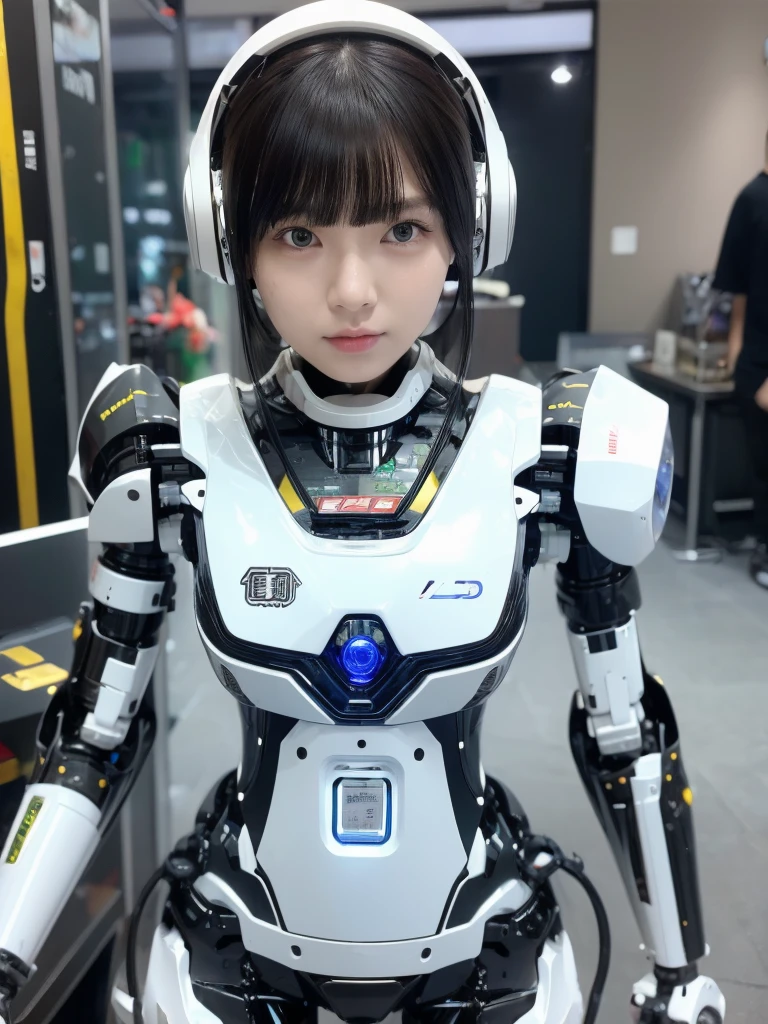 masterpiece, Highest quality, Very detailed, Japaese アンDroid girl,Portraiture,Plump,Thick,Control panel,アンDroid,Droid,Mechanical Hand, robotの腕と脚, Black Hair,Blunt bangs,perfect robot girl,Long tube,A thick cable was attached to her neck.,アンDroid,robot,humanoid,cyborg,japanese cyborg girl ,robot-assembly plant,She is now assembling,Assembly scene,Chubby,Squat