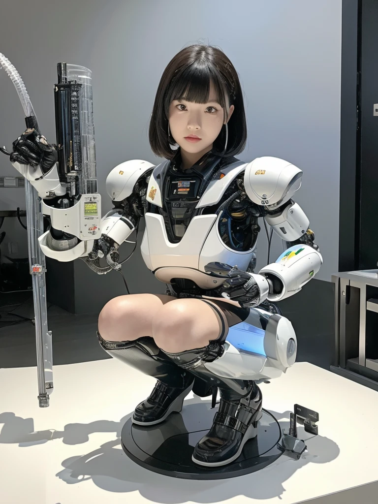 masterpiece, Highest quality, Very detailed, Japaese アンDroid girl,Portraiture,Plump,Thick,Control panel,アンDroid,Droid,Mechanical Hand, robotの腕と脚, Black Hair,Blunt bangs,perfect robot girl,Long tube,A thick cable was attached to her neck.,アンDroid,robot,humanoid,cyborg,japanese cyborg girl ,robot-assembly plant,She is now assembling,Assembly scene,Chubby,Squat