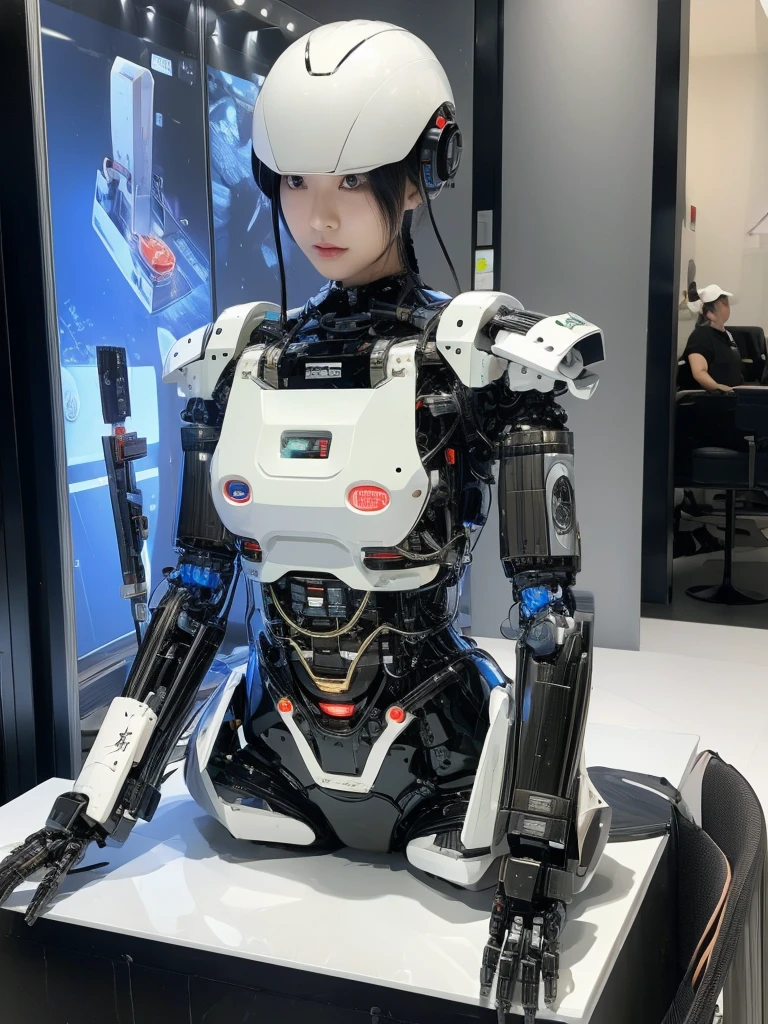 masterpiece, Highest quality, Very detailed, Japaese アンDroid girl,Portraiture,Plump,Thick,Control panel,アンDroid,Droid,Mechanical Hand, robotの腕と脚, Black Hair,Blunt bangs,perfect robot girl,Long tube,A thick cable was attached to her neck.,アンDroid,robot,humanoid,cyborg,japanese cyborg girl ,robot-assembly plant,She is now assembling,Assembly scene,Chubby,Squat