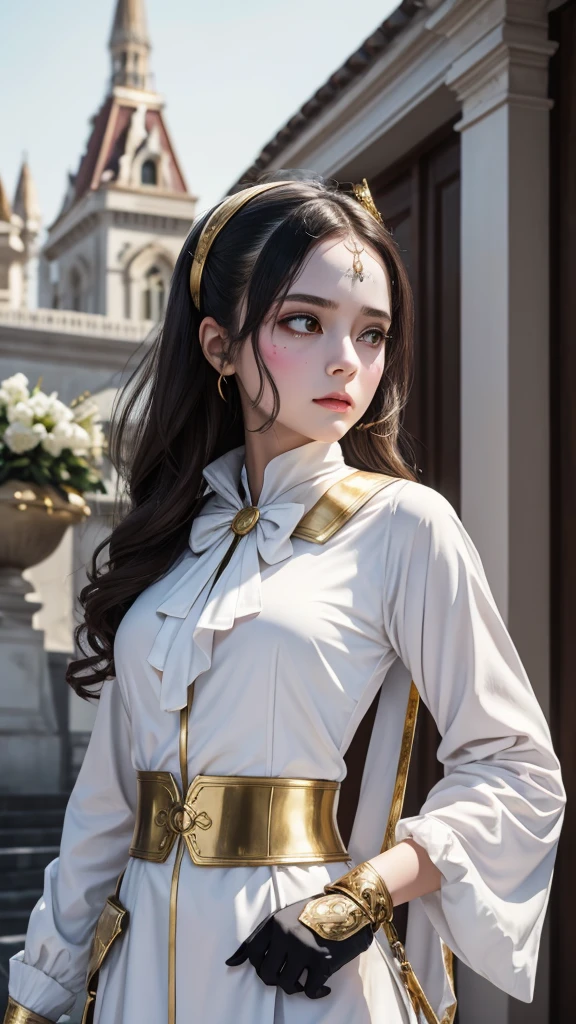 Dead pool girl, clean face, 8k, white aristocratic clothes with gold, fly away ,
