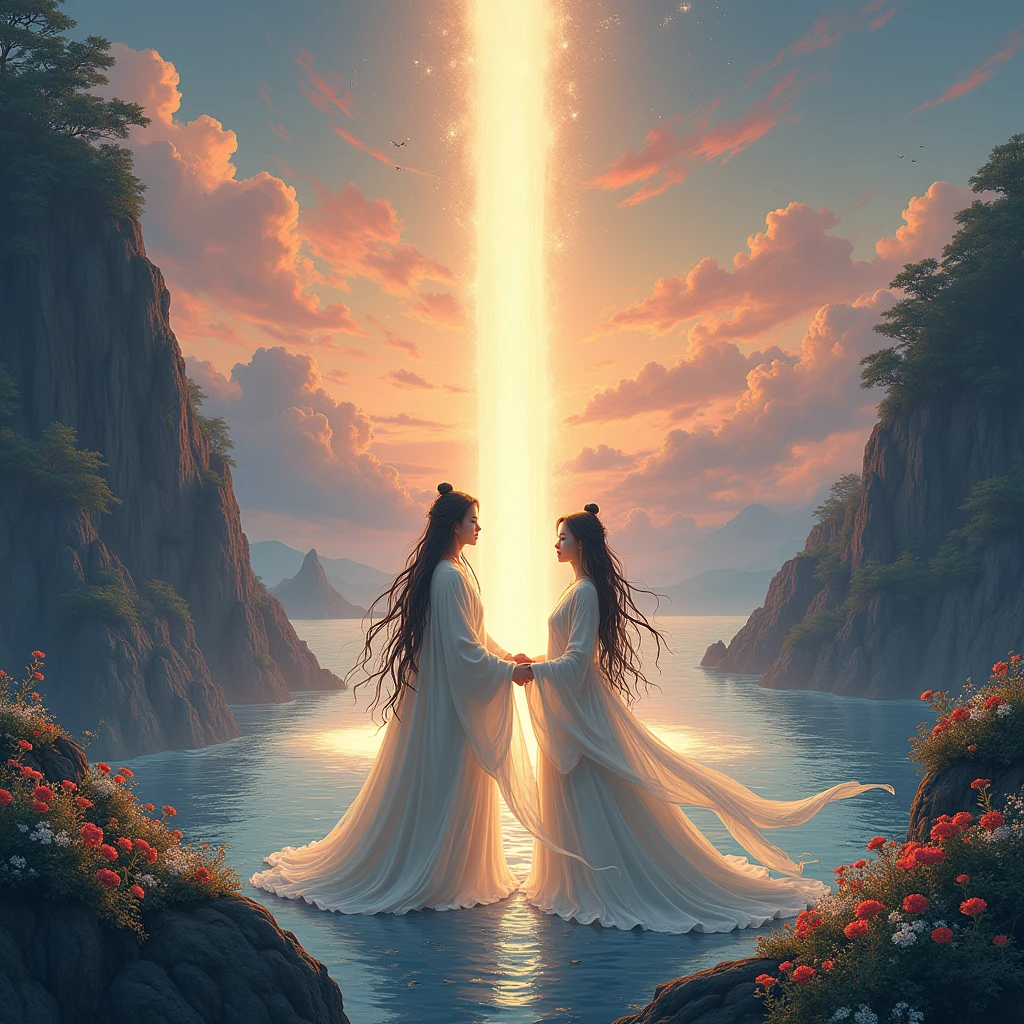 Prompt:

Izanagi and Izanami descend gracefully onto the vibrant Onogoro Island, illuminated by the soft hues of twilight. The island, adorned with mythical flora and a grand heavenly pillar, is a serene setting for their wedding. Izanagi and Izanami, draped in flowing robes, circle the pillar, their attire billowing in the breeze. They exchange vows as the newly formed islands of Awaji, Shikoku, Kyushu, and Honshu appear on the horizon, bathed in a warm, golden glow.