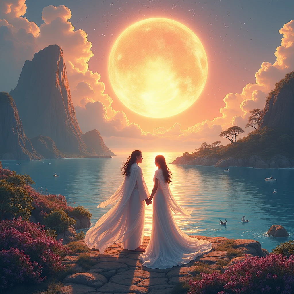 Prompt:
Izanagi and Izanami descend gracefully onto the vibrant Onogoro Island, illuminated by the soft hues of twilight. The island, adorned with mythical flora and a grand heavenly pillar, is a serene setting for their wedding. Izanagi and Izanami, draped in flowing robes, circle the pillar, their attire billowing in the breeze. They exchange vows as the newly formed islands of Awaji, Shikoku, Kyushu, and Honshu appear on the horizon, bathed in a warm, golden glow.