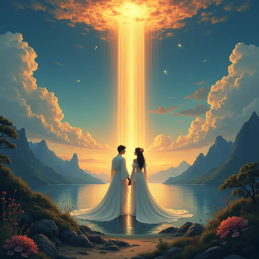 Prompt:
Izanagi and Izanami descend gracefully onto the vibrant Onogoro Island, illuminated by the soft hues of twilight. The island, adorned with mythical flora and a grand heavenly pillar, is a serene setting for their wedding. Izanagi and Izanami, draped in flowing robes, circle the pillar, their attire billowing in the breeze. They exchange vows as the newly formed islands of Awaji, Shikoku, Kyushu, and Honshu appear on the horizon, bathed in a warm, golden glow.