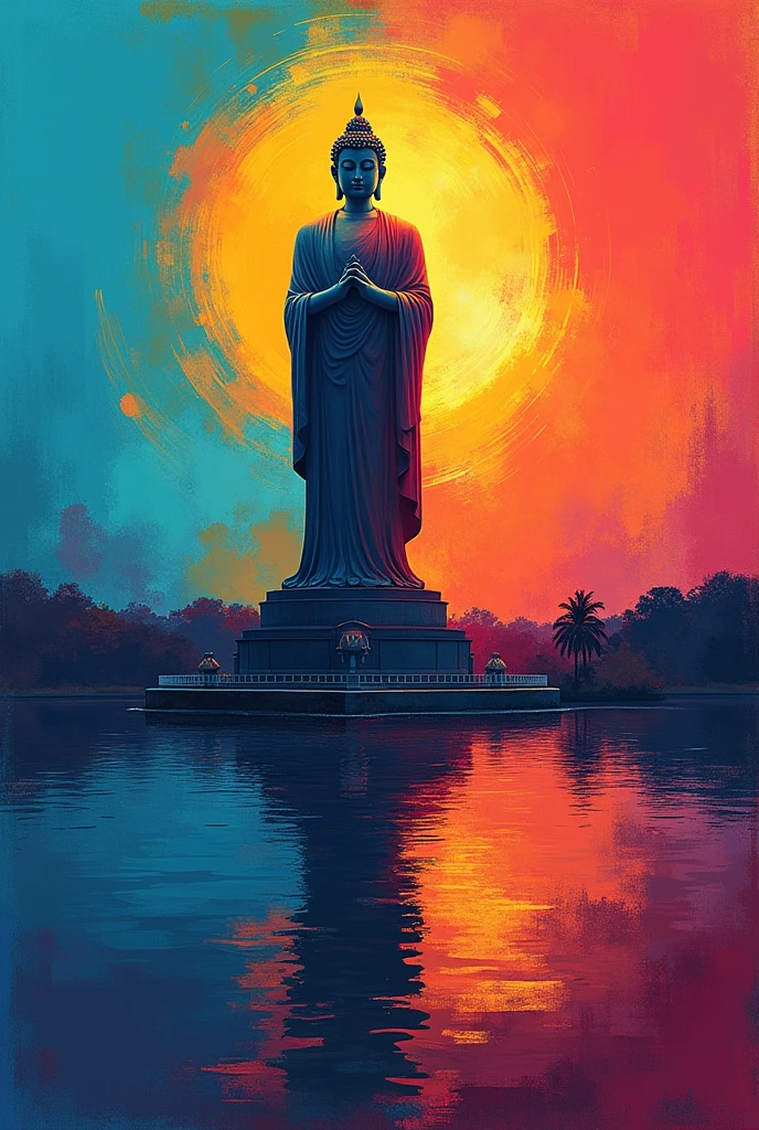vibrant colors merge in an abstract interpretation of Hyderabad's hussain sagar statue