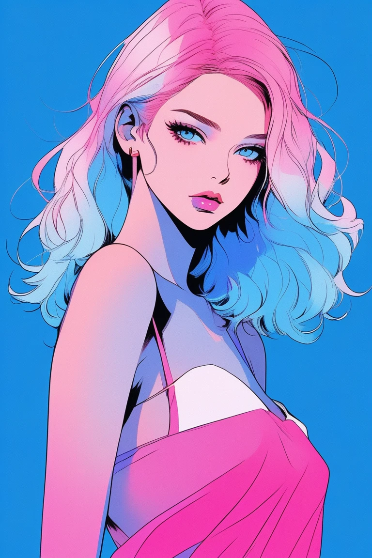 Illustrator, anime , Realistic ,sketch , 1 person, Supermodel, lip, Short dress with a lot of exposure, order, Blue gradient background, Neon Medium Hair, Are standing, Sexy pose, Texture Trim, Canadian, (masterpiece,Highest quality) Cancer