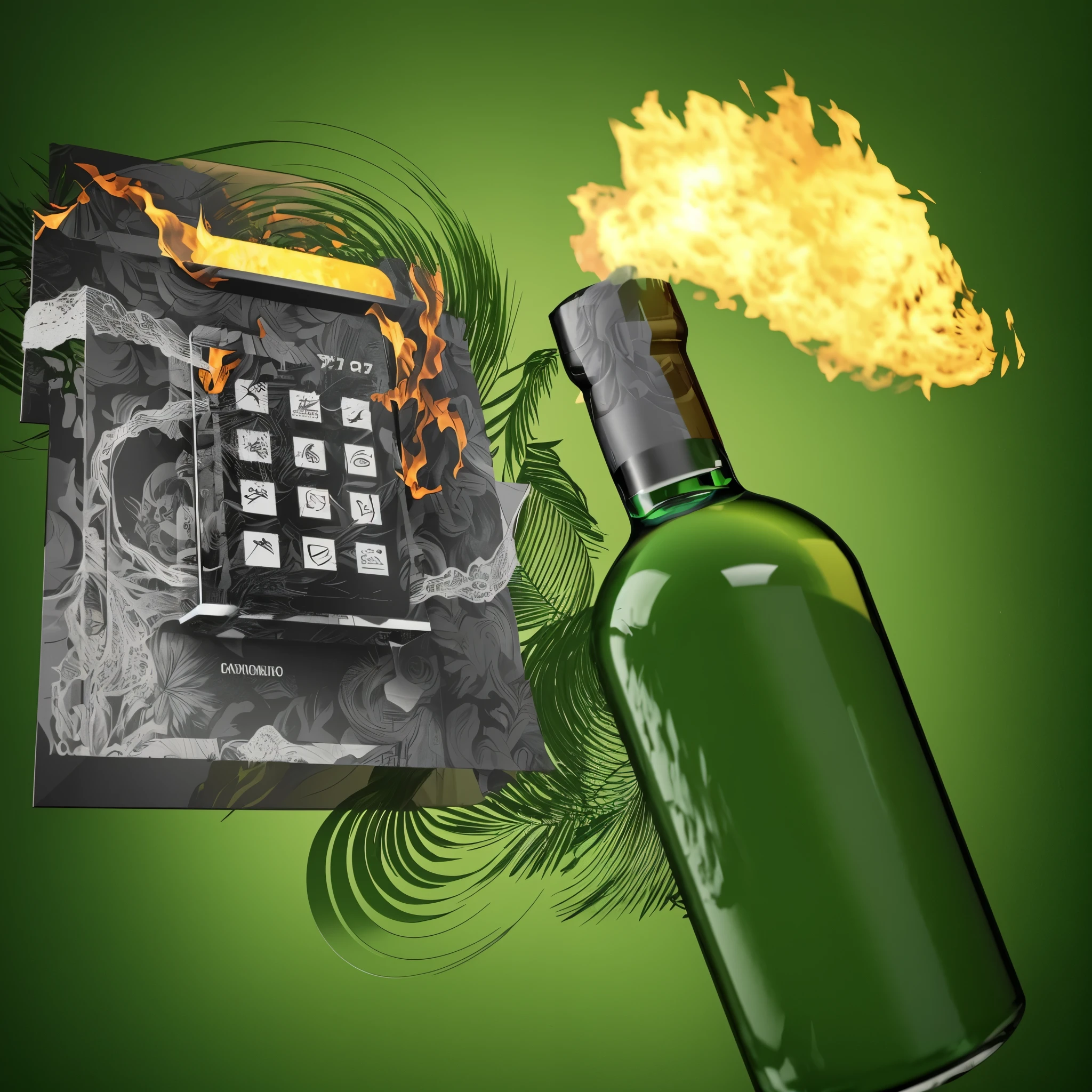 a detailed conceptual art illustration of a molotov cocktail, green leaves, C4 bomb explosive, digital art, album cover, microfilm photography, abstract design，green,background，fire ,smoke,leafs,Counter-Strike