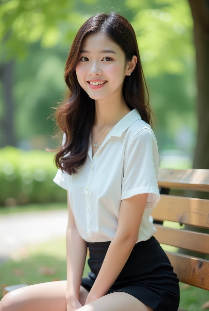 Japanese office lady、Sleeveless Shirt、lunch、sitting on a park bench、smile、Tight mini skirt、masterpiece,best quality,ultra detailed,highres,high-resolution,4k,realistic,RAW photo,((real person)),portrait photography,photorealistic,detailed skin,(delicate black eyes ), A soothing woman with sagging eyes,Calm and calm, middle hair,skinny,clothing,The wind is blowing,tareme、Beautiful legs、Small shirt、Panty shot、Knees together