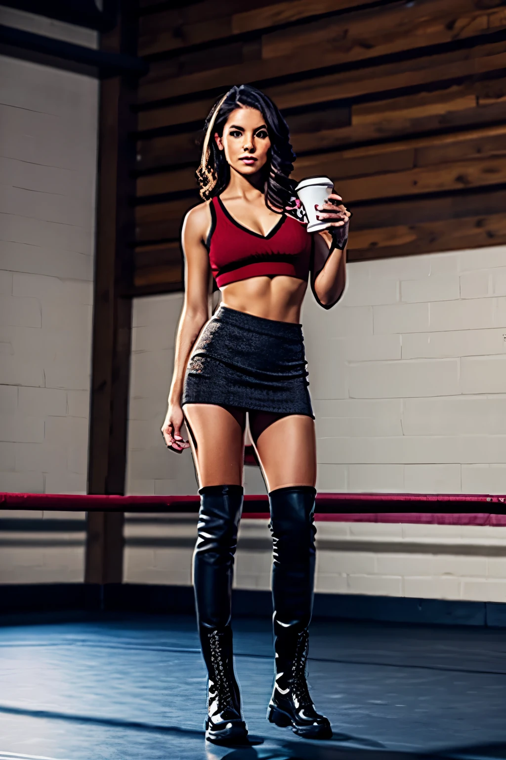 Wrestling ring portrait, a 25-year-old woman holding a coffee cup, black cropped knitted cardigan, arm:1, dark red narrow skirt with black plaid pattern, sports bra, black knee-high wrestling boots, standing next to the ropes
