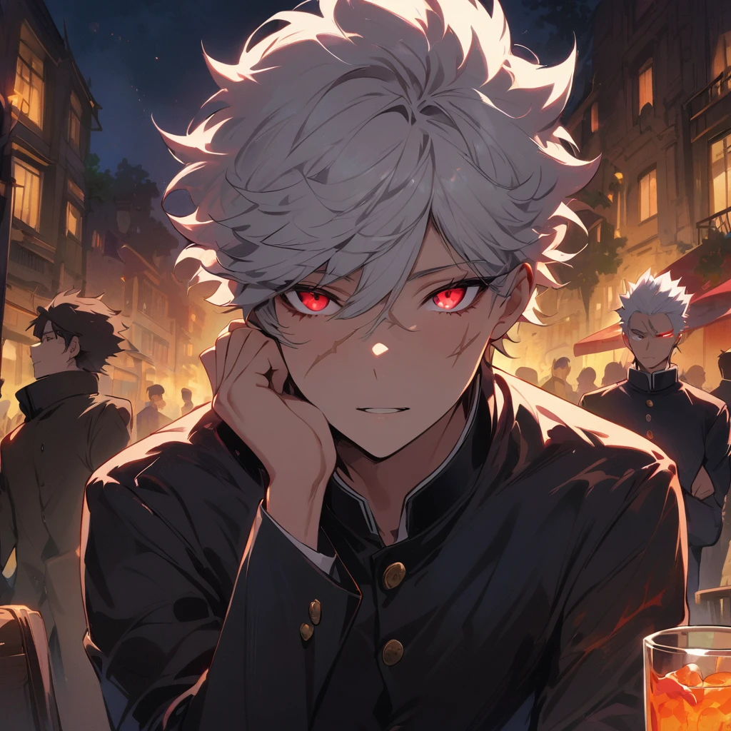 looking at viewer, red eyes, long sleeves, holding, school uniform, white hair, male focus, multiple boys, 2boys, cup, night, glowing, heterochromia, scar, spiked hair, drinking glass, gakuran, glowing eye