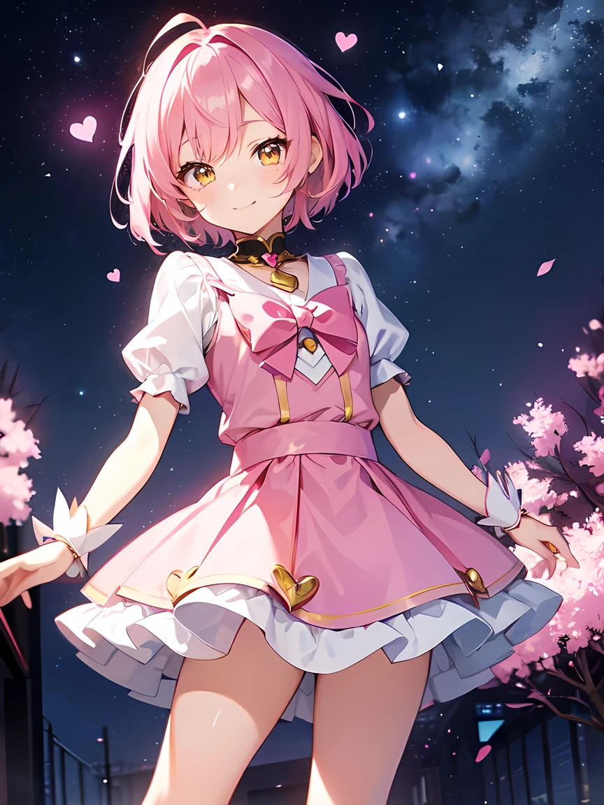 Pink Hair、short hair、Yellow Eyes、Magical Girl Clothes:1.2、Pink Skirt、Cute smile、Mouth closed、Anime Style:1.1、Small heart mark、A background like the night sky