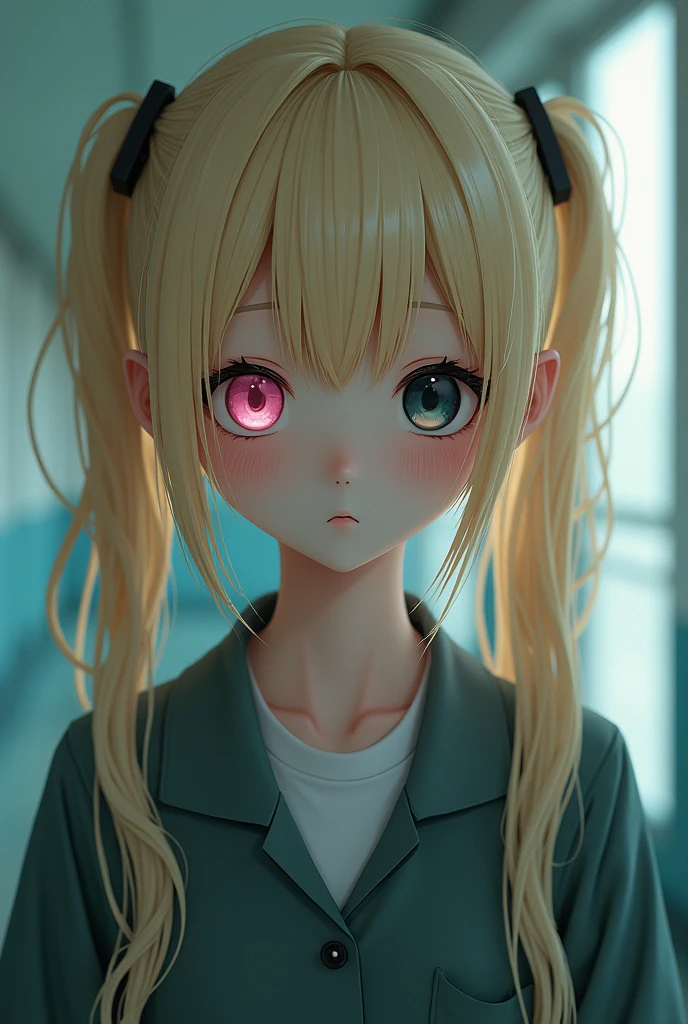 blonde hair with pigtails, black bangs, big cute anime eyes, one pink other black,mental hospital outfit, 19