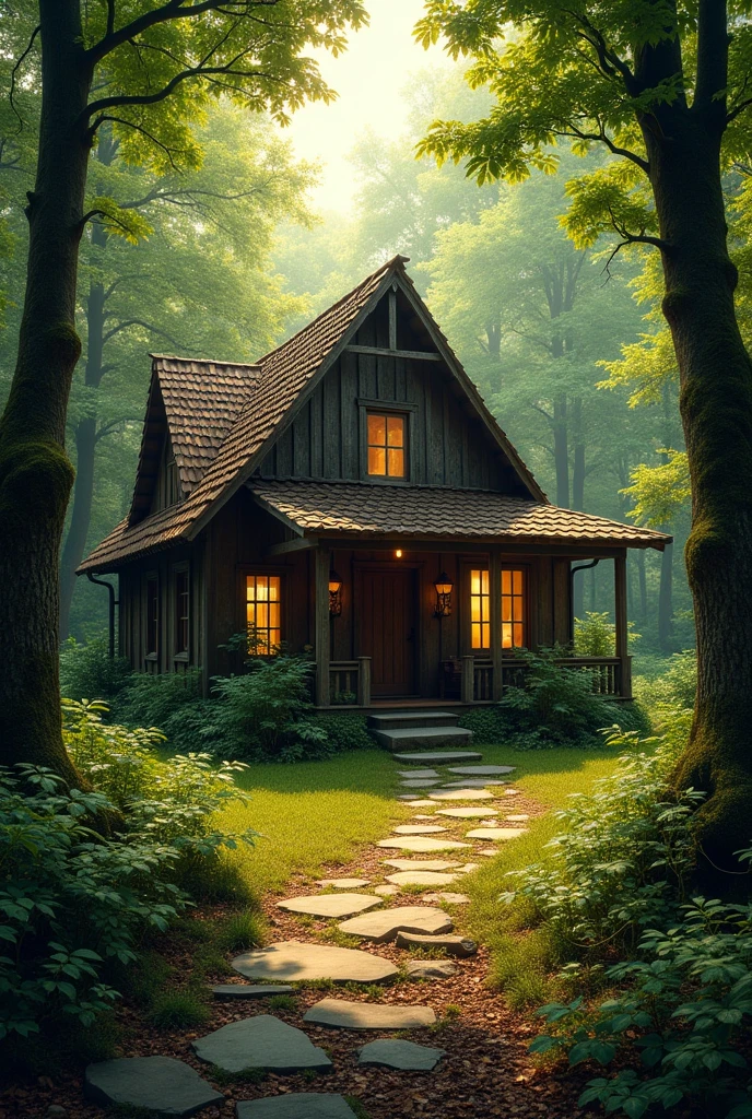 /imagine prompt: A rustic and cozy wooden house located in the heart of a dense forest. At home, With a tiled roof and walls of aged wood, It is surrounded by tall, green trees, Creating an atmosphere of tranquility and isolation. The soft sunlight filters through the treetops, Casting a golden glow over the house and the ground covered in leaves and moss. A stone path winds its way to the entrance of the house, Completing the peaceful and idyllic scene. --v 5 --ar 16:9 --q 2