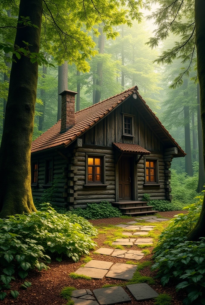 /imagine prompt: A rustic and cozy wooden house located in the heart of a dense forest. At home, With a tiled roof and walls of aged wood, It is surrounded by tall, green trees, Creating an atmosphere of tranquility and isolation. The soft sunlight filters through the treetops, Casting a golden glow over the house and the ground covered in leaves and moss. A stone path winds its way to the entrance of the house, Completing the peaceful and idyllic scene. --v 5 --ar 16:9 --q 2