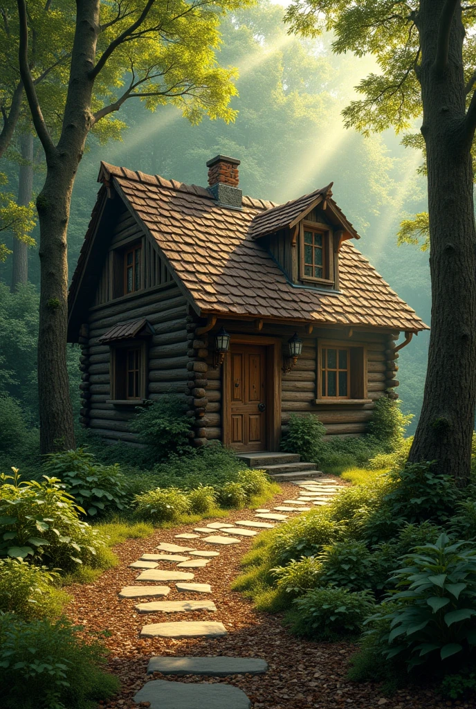 /imagine prompt: A rustic and cozy wooden house located in the heart of a dense forest. At home, With a tiled roof and walls of aged wood, It is surrounded by tall, green trees, Creating an atmosphere of tranquility and isolation. The soft sunlight filters through the treetops, Casting a golden glow over the house and the ground covered in leaves and moss. A stone path winds its way to the entrance of the house, Completing the peaceful and idyllic scene. --v 5 --ar 16:9 --q 2