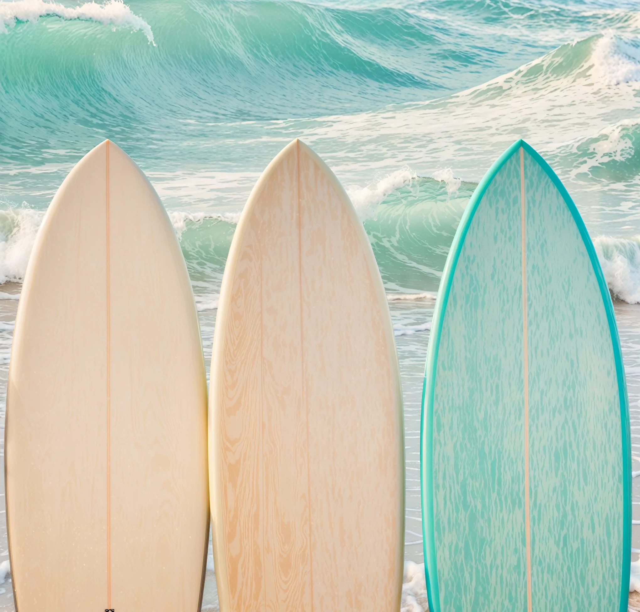 three surfboards are lined up against the shore of a beach, standing on surfboards, surf photography, surfing, crisp clean shapes, best on adobe stock, vintage color, subtle detailing, lined up horizontally, shutterstock, crisp lines, crisp smooth lines, artistic interpretation, dream wave aesthetic, high quality wallpaper, surf, subtle details, oceanside