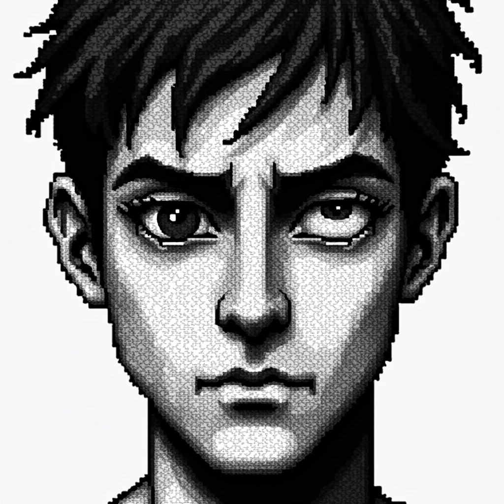 black and white image, black squares, pixel art style , face of a man with strabismus , high-quality image