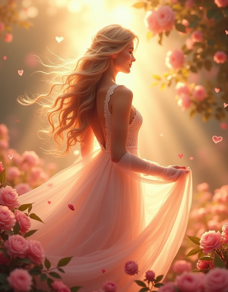 (((Goddess of Love:1.4))), (((ethereal beauty:1.4))), (romantic and divine presence:1.4), a radiant figure with soft, flowing hair that cascades like silk, eyes filled with warmth and affection, dressed in delicate, shimmering fabrics that flow gracefully around her, (wearing a gown of soft pinks, warm golds, and gentle whites:1.2), (glowing skin with a soft, warm light:1.2), (a serene and loving expression, symbolizing the pure essence of love:1.2), (surrounded by an aura of delicate rose petals, soft light beams, and gentle swirls of color:1.2), (background with a serene, dreamlike landscape, such as a lush garden in full bloom, bathed in warm sunlight:1.4), (elements of heart motifs and floral designs subtly integrated into the scene:1.2), (a soft, glowing light around her, symbolizing the warmth and comfort of love:1.4), perfect image quality, (((an artistic representation that evokes feelings of love, peace, and beauty))), divine and captivating, detailed face and eyes, intricate textures, harmonious composition
