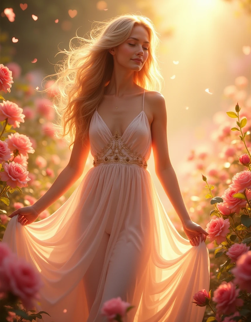 (((Goddess of Love:1.4))), (((ethereal beauty:1.4))), (romantic and divine presence:1.4), a radiant figure with soft, flowing hair that cascades like silk, eyes filled with warmth and affection, dressed in delicate, shimmering fabrics that flow gracefully around her, (wearing a gown of soft pinks, warm golds, and gentle whites:1.2), (glowing skin with a soft, warm light:1.2), (a serene and loving expression, symbolizing the pure essence of love:1.2), (surrounded by an aura of delicate rose petals, soft light beams, and gentle swirls of color:1.2), (background with a serene, dreamlike landscape, such as a lush garden in full bloom, bathed in warm sunlight:1.4), (elements of heart motifs and floral designs subtly integrated into the scene:1.2), (a soft, glowing light around her, symbolizing the warmth and comfort of love:1.4), perfect image quality, (((an artistic representation that evokes feelings of love, peace, and beauty))), divine and captivating, detailed face and eyes, intricate textures, harmonious composition