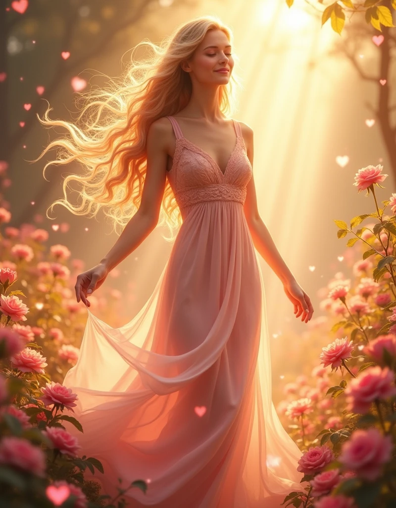 (((Goddess of Love:1.4))), (((ethereal beauty:1.4))), (romantic and divine presence:1.4), a radiant figure with soft, flowing hair that cascades like silk, eyes filled with warmth and affection, dressed in delicate, shimmering fabrics that flow gracefully around her, (wearing a gown of soft pinks, warm golds, and gentle whites:1.2), (glowing skin with a soft, warm light:1.2), (a serene and loving expression, symbolizing the pure essence of love:1.2), (surrounded by an aura of delicate rose petals, soft light beams, and gentle swirls of color:1.2), (background with a serene, dreamlike landscape, such as a lush garden in full bloom, bathed in warm sunlight:1.4), (elements of heart motifs and floral designs subtly integrated into the scene:1.2), (a soft, glowing light around her, symbolizing the warmth and comfort of love:1.4), perfect image quality, (((an artistic representation that evokes feelings of love, peace, and beauty))), divine and captivating, detailed face and eyes, intricate textures, harmonious composition