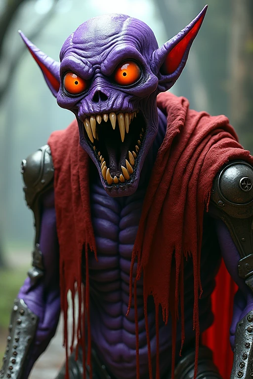 A tall, very thin with purple skin his mouth is open and his teeth are numerous and sharp he has no nose and his eyes are orange, abnormally large and glazed he wears "mantea" ragged red. metal plates screwed to his arms, flegs, chest and some small ones on his head and no ears