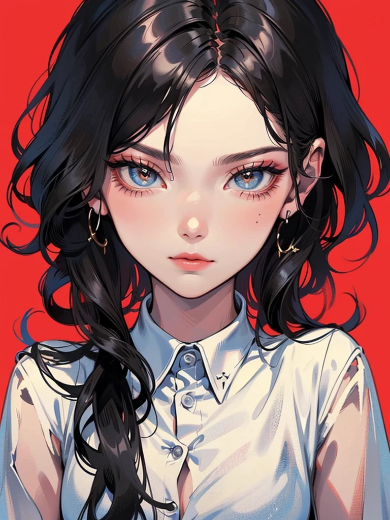 Extremely detailed Artgerm, 8K high quality detailed art, (((calm girl with flowing black hair in a shirt))), (with an indifferent expression on his face)