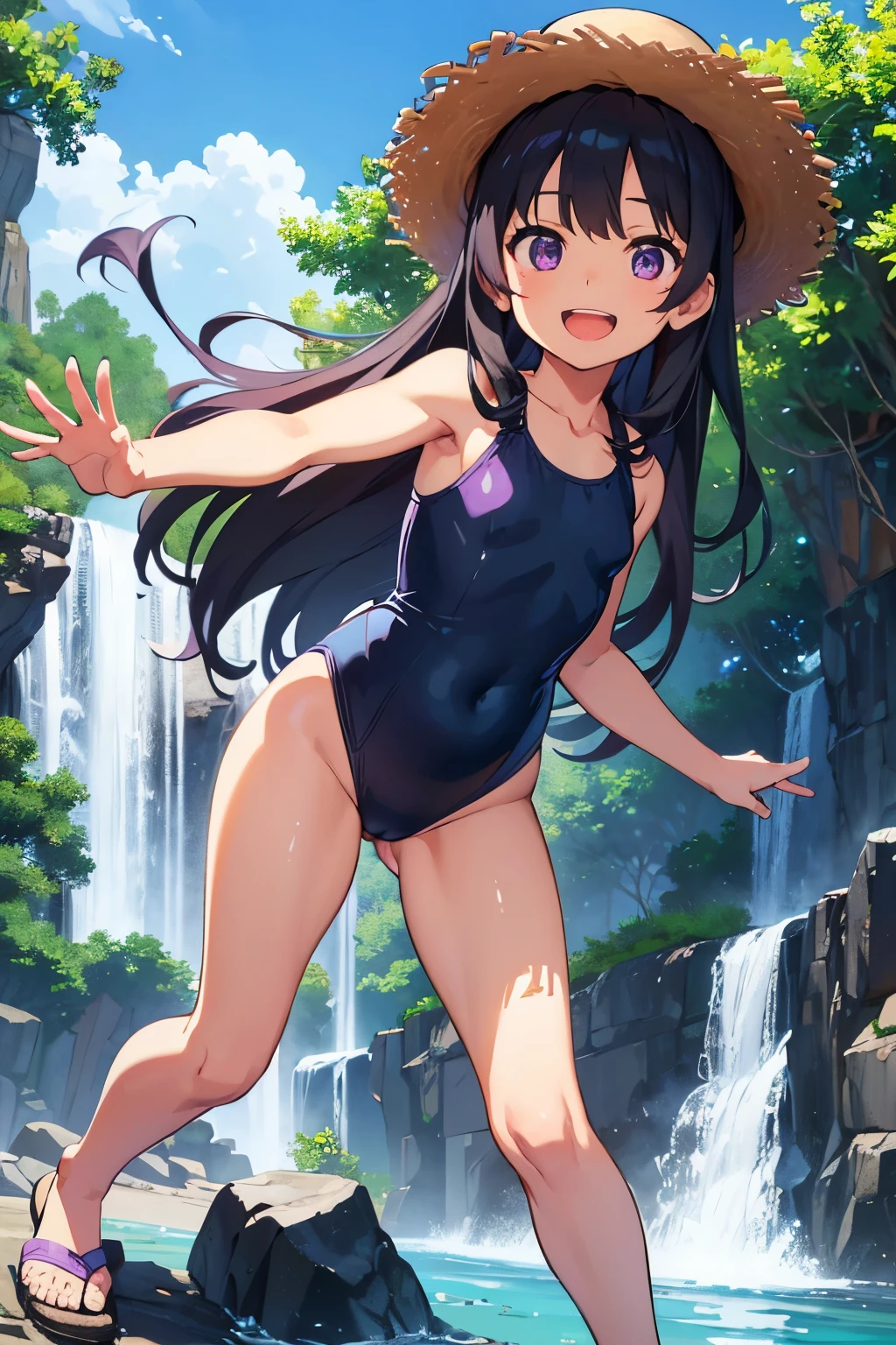 Elementary school students Toddler Flat chest, black hair, long hair, purple eyes A smile with a slightly open mouth White one piece swimsuit Wear a straw hat Bare feet in sandals River in the countryside Clear Stream You can see the waterfall Standing on a rocky cliff with outstretched arms Dynamic Angle Low - Angle Angle from the front