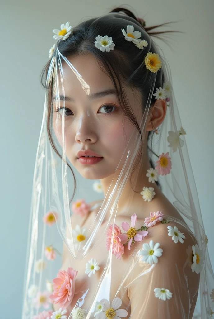 Professional model fair skin posing in a fashion photoshoot、This is a super realistic photo. She is completely wrapped in a transparent film, Under the film there are many flowers covering the skin. The shot is a mid-body shot.