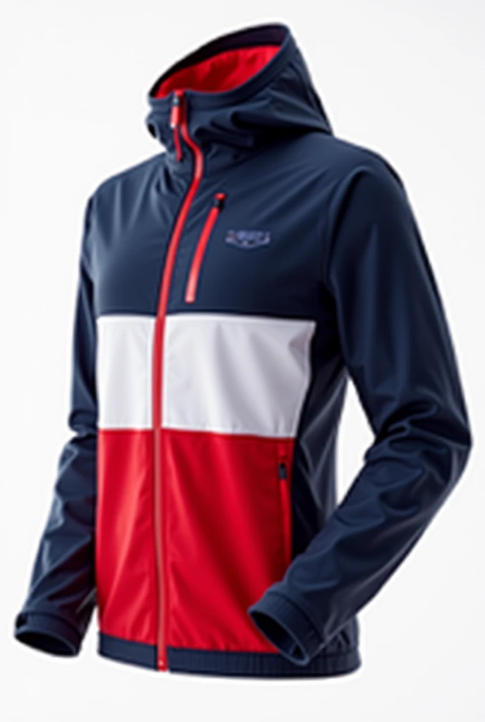 A sport windbreaker on the upper chest right all the way to the right hand it should be dark blue the mirror line should be a zip making the upper chest left by the breast all the way to the rleft hand red...then from the breast up until to the hip passing by the hip should be white and lastly the hood being slipt red on right and blue on left