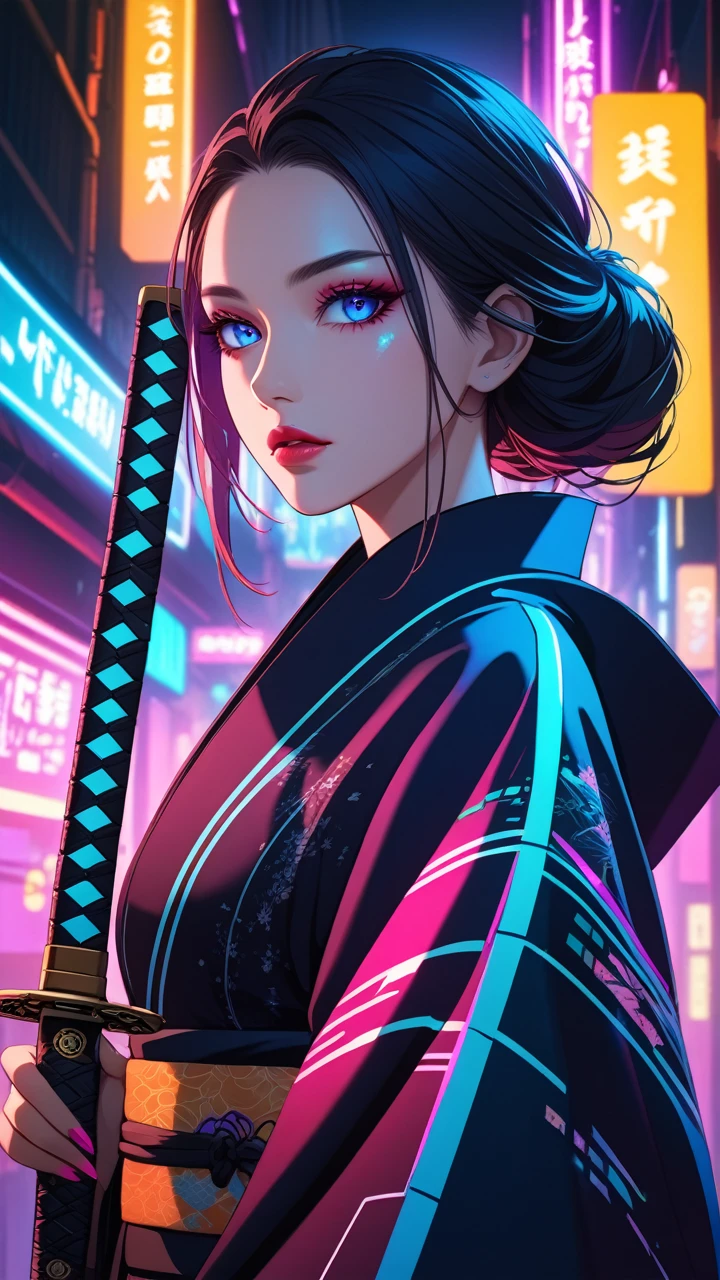 beautiful detailed eyes, beautiful detailed lips, extremely detailed eyes and face, long eyelashes, 1 girl, detailed portrait, kimono, holding katana, cyberpunk style, sci-fi, neon lights, dark atmosphere, dramatic lighting, cinematic, vivid colors, hyper-detailed,