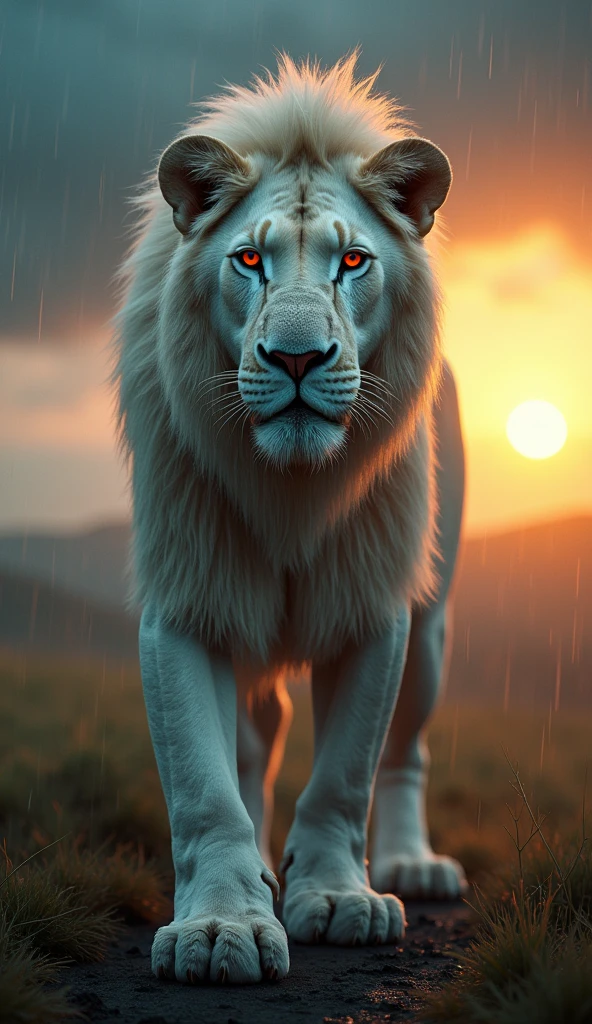 Create an albino Lion with scars in the rain in high resolution 8k super realistic, When the sun rises, focus on the Lion's face