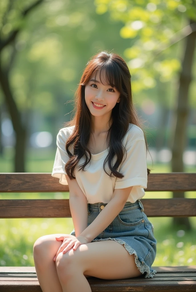 ((live-action))　Highest quality　beautiful girl　Japanese　Cute woman　mini skirt　Beauty　Face looking at the camera　smile　Sit on a chair　Park bench　Natural light　Face like an idol　Sunlight filtering through the trees
