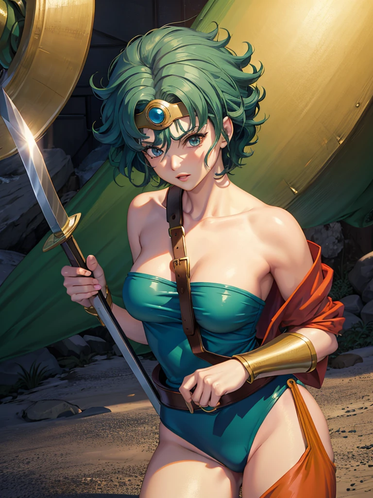 Beautiful detailed girl with green hair in Yamato Nadeshiko style, short haircut, wearing blue leotard, off-shoulder, black pareo skirt, red cloak, circlet, wielding evil sword, fantasy Dragon Quest inspired scene , highest quality, 8K, highly detailed faces and bodies, masterpiece, high quality, photorealistic, detailed description, vibrant colors, studio lighting, physically based rendering