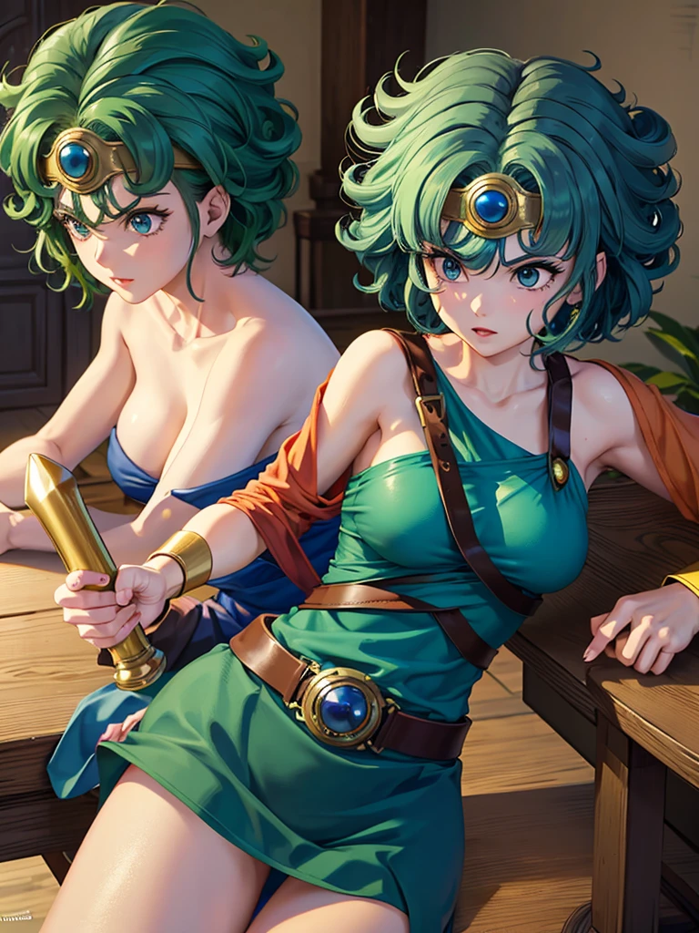 Beautiful detailed girl with green hair in Yamato Nadeshiko style, short haircut, wearing blue leotard, off-shoulder, black pareo skirt, red cloak, circlet, wielding evil sword, fantasy Dragon Quest inspired scene , highest quality, 8K, highly detailed faces and bodies, masterpiece, high quality, photorealistic, detailed description, vibrant colors, studio lighting, physically based rendering