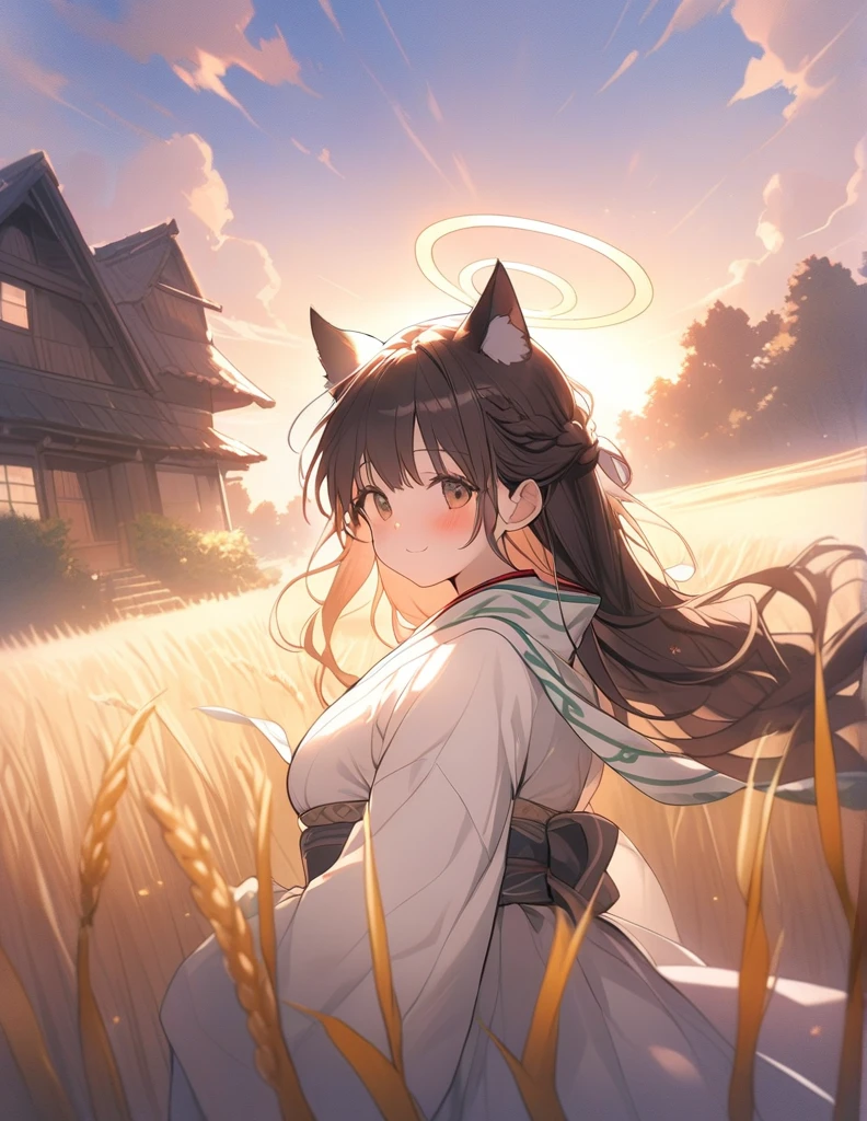 One person, masterpiece, Highest quality、Super Detail、Professional photography、Angel Halo、Wide Camera、The best light、Celtic style、Wheat field、Innocent Girl、plump cheeks、Cute cheeks、Overgrown grass、looking at the camera、pale brown、Long Hair、Cat Eyes、Wolf Ears、Perfect light、Ethnic clothing、god々Shining light、Stone house、Clear lines、Clarify shading、8k、up to date、The perfect background、Thick paint background、Time to Depart、sunset、Wheat swaying in the wind