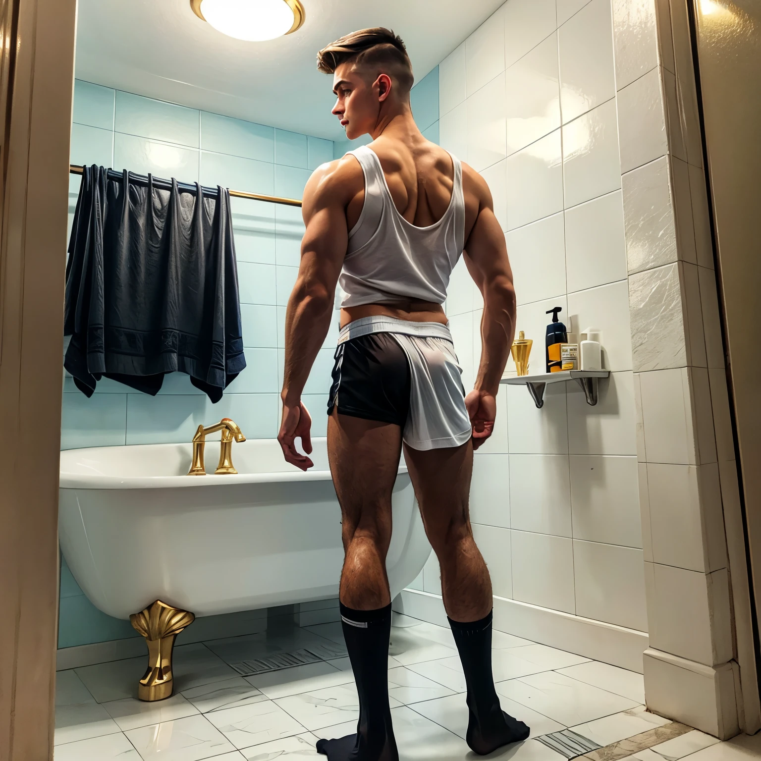 full body view, a young brunette man with undercut preppy haircut, preppy style wearing white tank top, standing in sky blue classic boxer-shorts, long black sheer socks , no shoes, shaves his chin covered with shaving-foam, in the marble and gold bathroom. His long black sheer socks must are visible. View from back. Full length