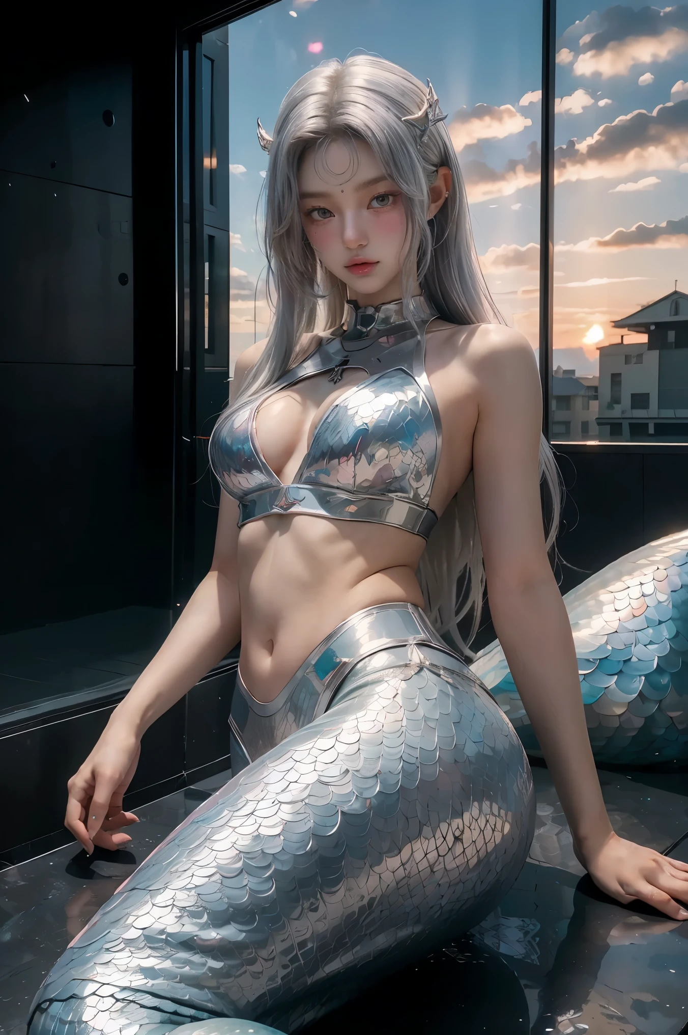 ((masterpiece, best quality, extremely detailed), volumetric lighting, ambient occlusion, colorful, glowing), 1girl, solo, young girl, (silver hair), long hair, halo, aura, sacred, goddess, cyber suit, (mermaid design:1.3), outdoors, sunset, sky, clouds, beach, sea, , (cyberpunk theme:1.2),