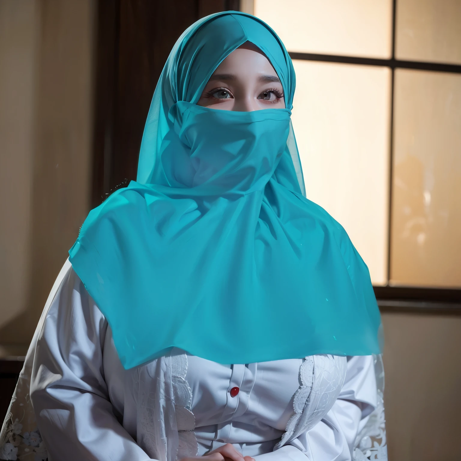 Big boobs, yellow hair color,red ayes,Hyper realistic, Ultra detail, hijab
