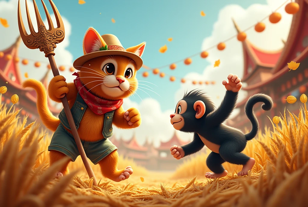 Festival of the Harvest: During a local harvest festival, a farmer cat in festive attire and with a large, decorated pitchfork faces off against a black monkey that tries to disrupt the celebrations by raiding the wheat. The lively atmosphere contrasts sharply with the intensity of their confrontation.