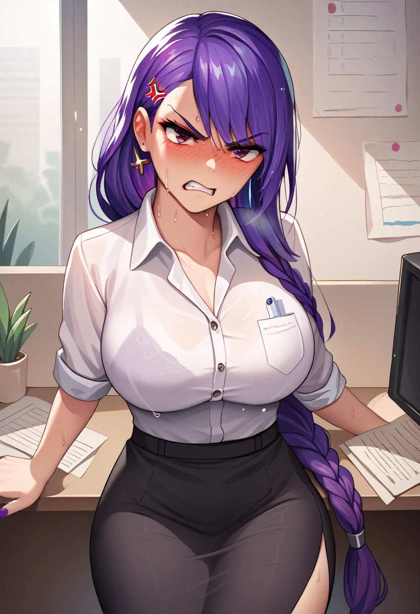 masterpiece, best quality, 1girl, purple hair, low-tied long hair, blush, sweat, office,angry